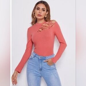 NWOT Coral Strappy long sleeve rib knit top
